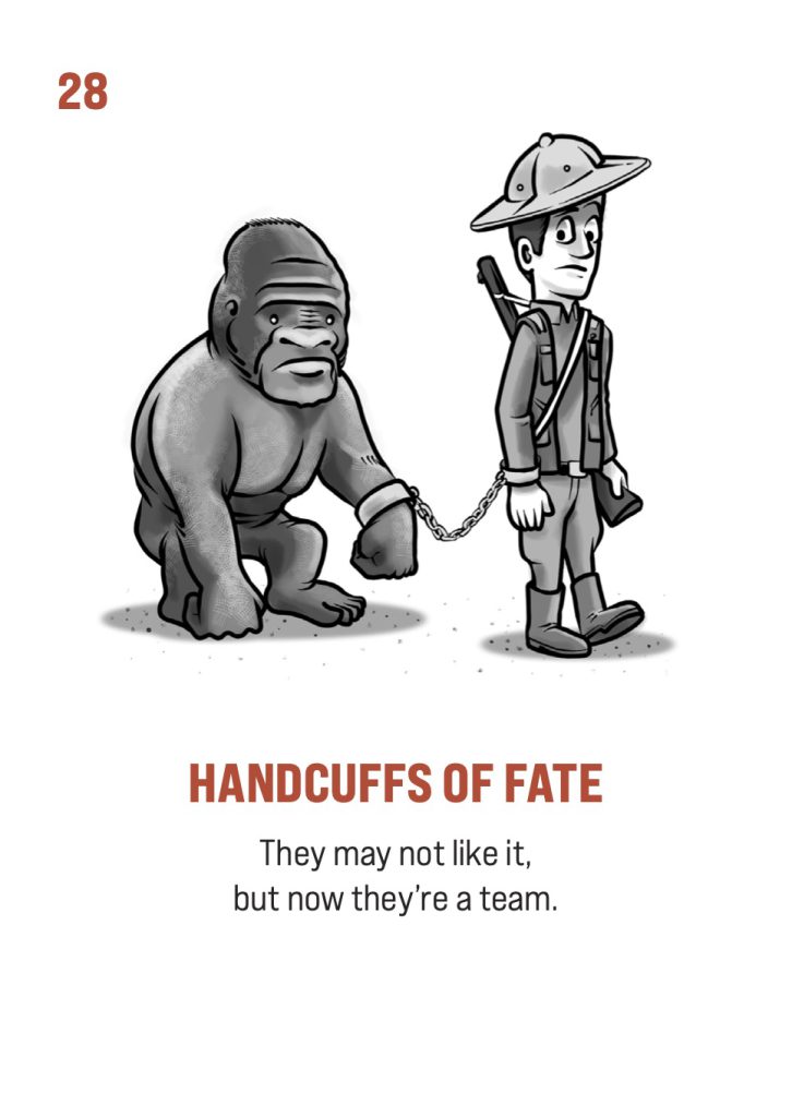Face card art for the Writer Emergency Pack XL card titled Handcuffs of Fate. A gorilla is handcuffed to a human explorer.