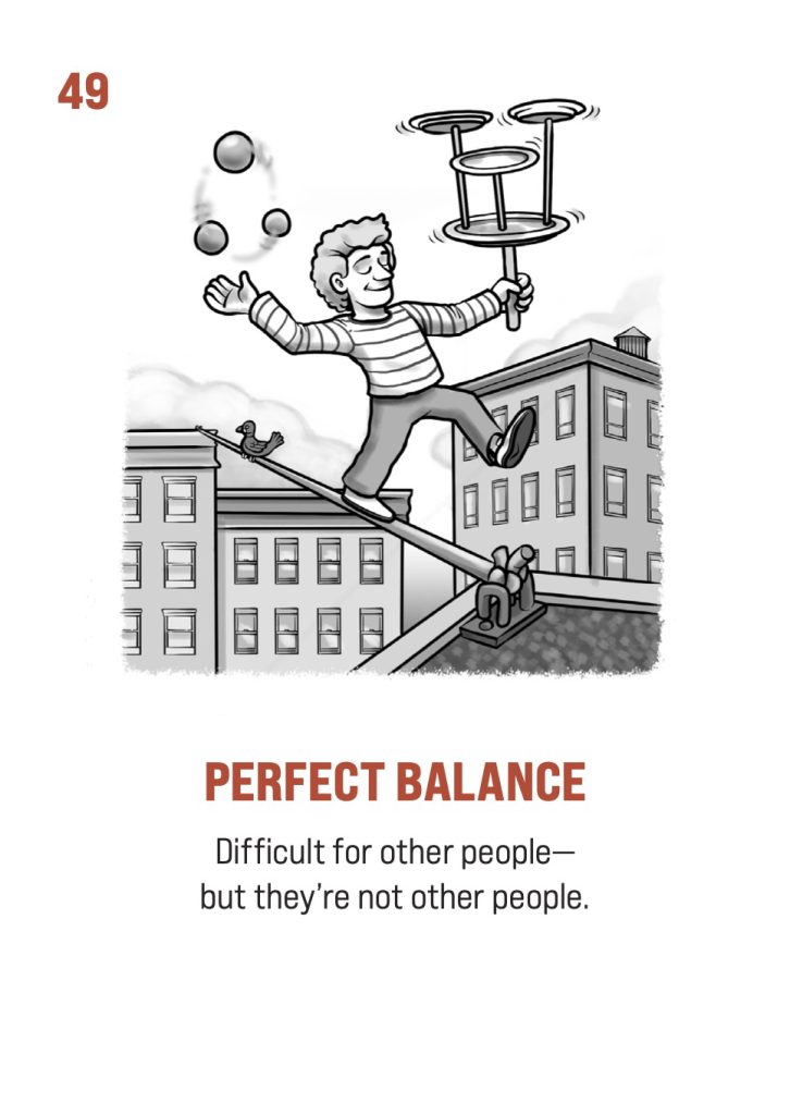 The face art for the Writer Emergency Pack XL card Perfect Balance with a man juggling while walking across a tightrope.
